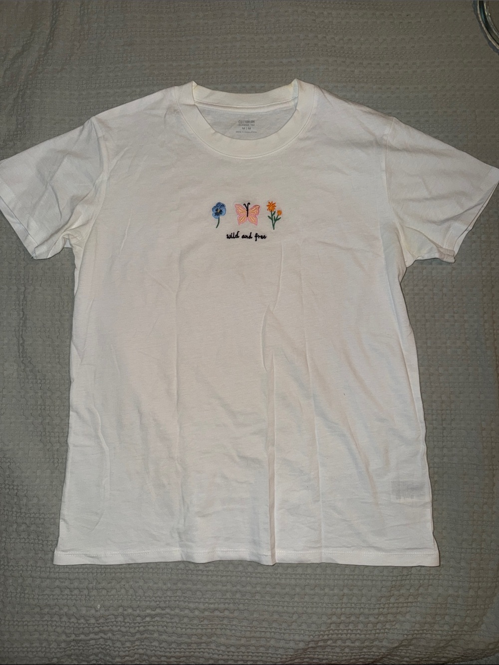Cotton On White Short Sleeve Tee with Floral & Butterfly Embroidery